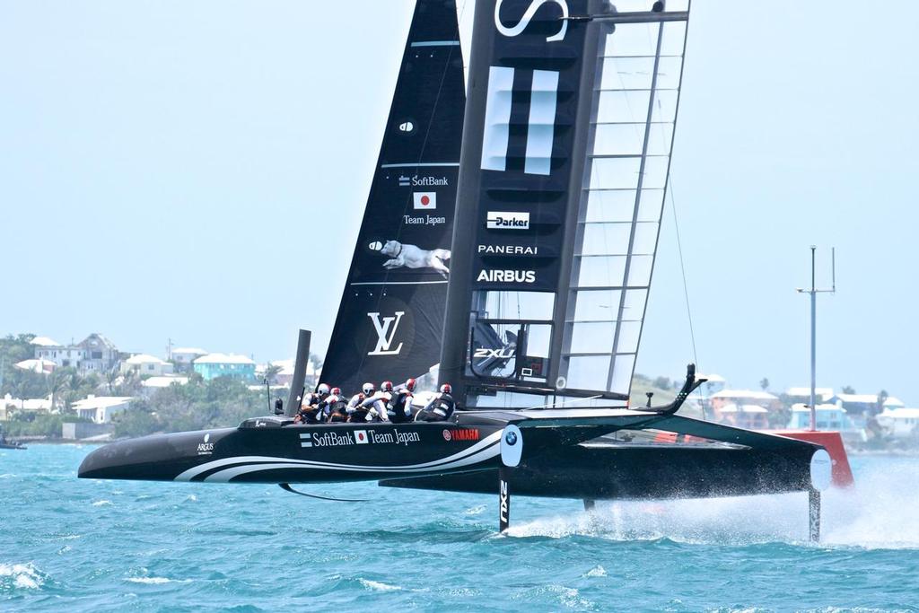 Oracle Team USA’s training partner, Softbank Team Japan was also believed to be sailing with slack lowers. © Richard Gladwell www.photosport.co.nz